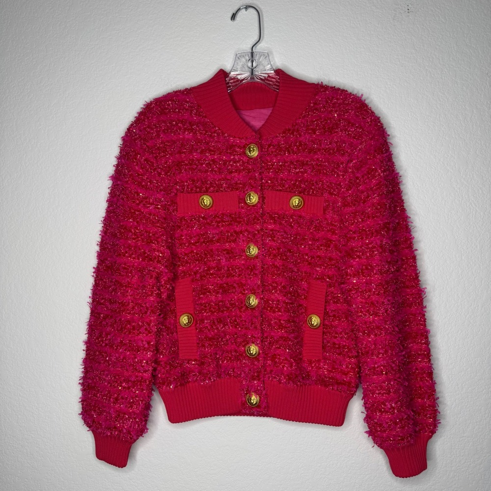 Balmain Paris Pink Boucle Tweed Bomber Jacket Gold Lion Snap Buttons Size 38